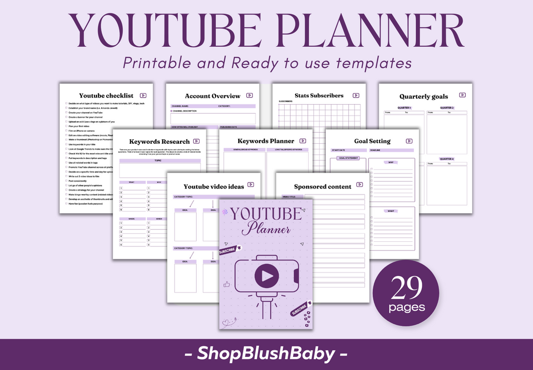 Youtube Planner PDF, Youtube Trackers, Youtube Analytics, Vlog Engagement Plan, Youtuber Content, Youtube Content Plan, Digital Youtube Vlog